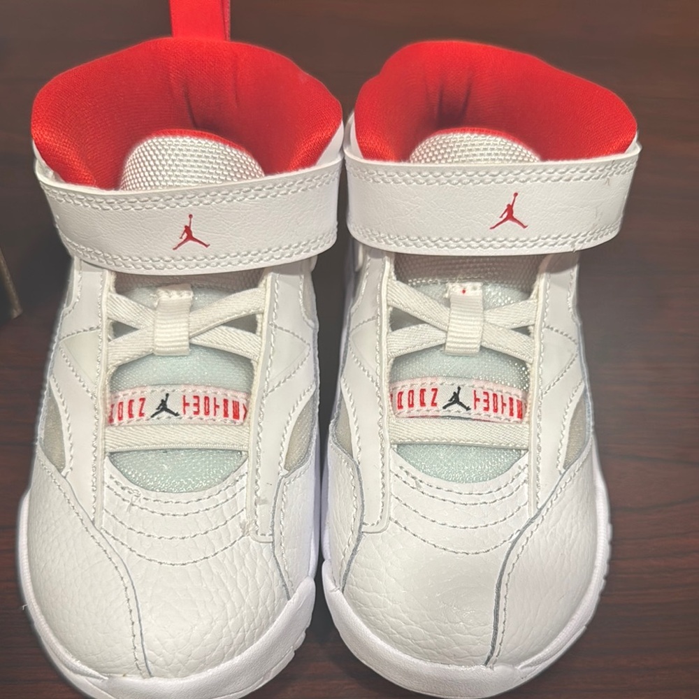 Jordan Red and White Sneakers with Padded Collar and Velcro Strap
